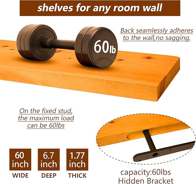 Wooden Floating Shelves for Wall, 48-inch Wall - Mounted Storage Shelves Premium Floating Bookshelf Solid Wood, Rustic Long S