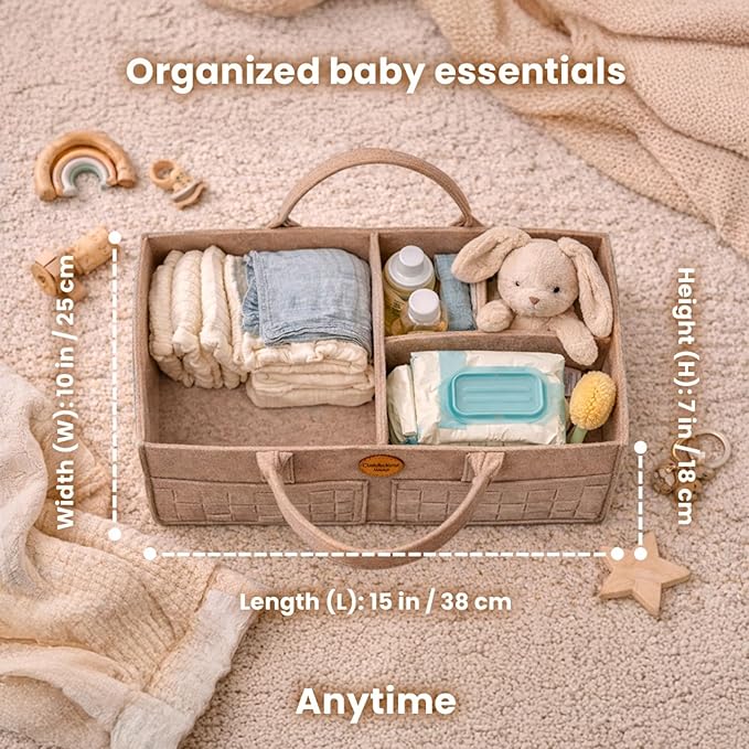 Baby Diaper Caddy Organizer for Nursery – Large Felt Storage Basket for Baby Essentials, Wipes & Diapers – Portable Nursery O