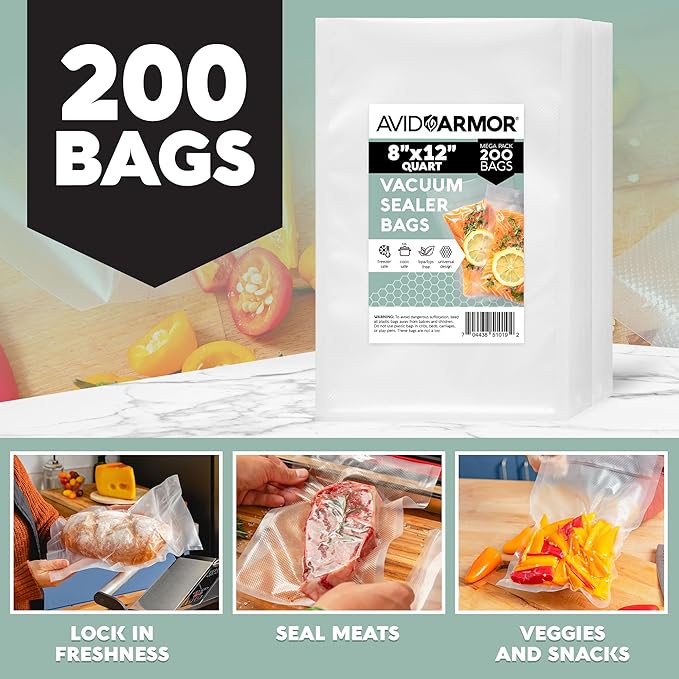 Avid Armor Vacuum Sealer Bags 200 Quart 8x12" For Food Saver, Commercial Grade, BPA Free, Heavy Duty, Pre-cut, for Vac Storag