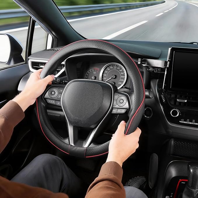 SEG Direct Steering Wheel Cover 14.5-15 inch (37-39 cm) Medium Size, Microfiber Leather, Non-Slip Comfortable Grip, Fits Cars