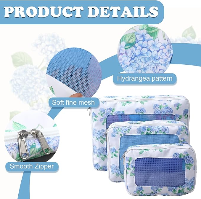 Shinylin 3 Set Blue Floral Compression Packing Cubes for Travel Small Medium Large Luggage Packing Organizers Toiletries Bag 
