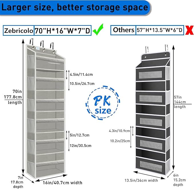 over the door organizer, Solid Bamboo Board (Not Plastic!) 6-Tier Heavy Duty 75LB, 12 Side Pockets, 3 Reinforced Hooks & Anti