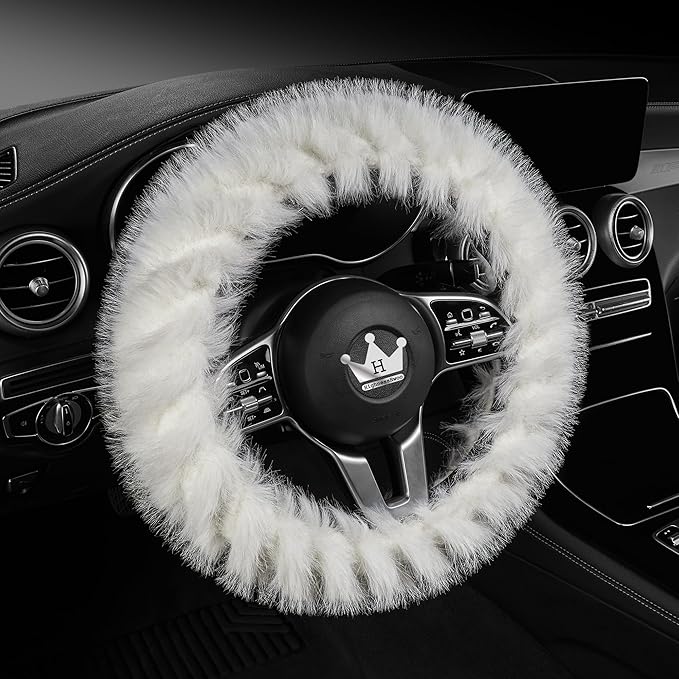 Fuzzy Winter Steering Wheel Covers for Women, Warm Cute Fluffy Car Wheel Cover for F150, Trucks, Jeep, Van, Soft Furry Auto Plush Large Car Handle Cover for Cold Weather, 15.2-16in, White