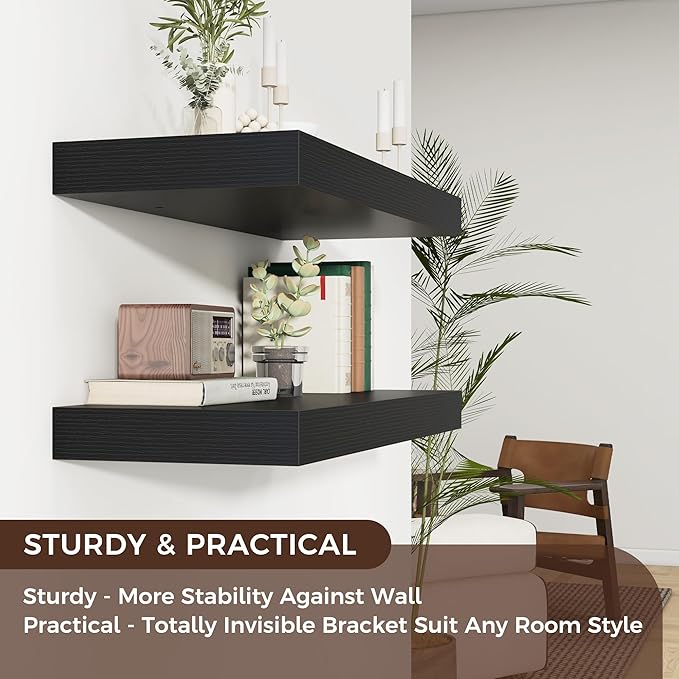 Floating Shelves for Wall, 30" W x 12" D x 2" H, 2 Pack of Long Wall Mounted Engineered Wood Shelves with Invisible Brackets 