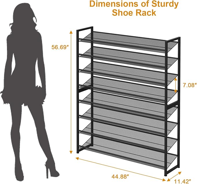 Large Shoe Rack 8 Tier Shoe Organizer, Heavy Duty Metal 4-Tier Stackable Shoe Storage Vertical Shoe Rack for Closet Front Doo
