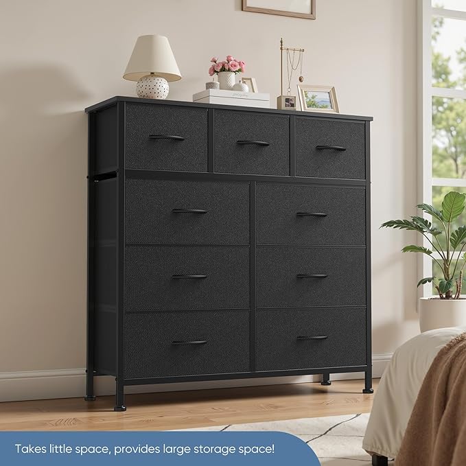 DUMOS 9 Drawer Dresser for Bedroom, Fabric Storage Organizer with Sturdy Metal Frame, Wooden Top Chest of Drawers for Closet 