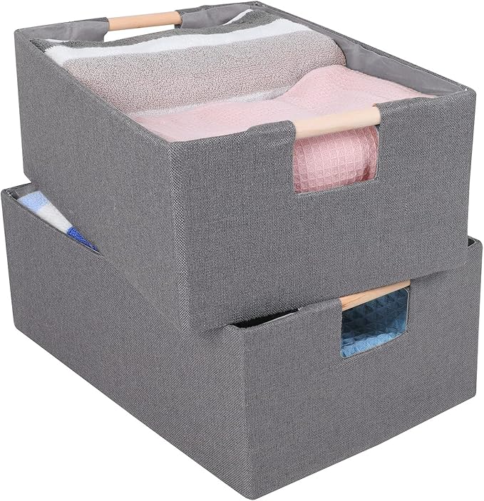 ANMINY 2PCS Storage Baskets for Organizing Collapsible Fabric Storage Bins Boxes with Wood Handles Closet Shelves Cube Organi