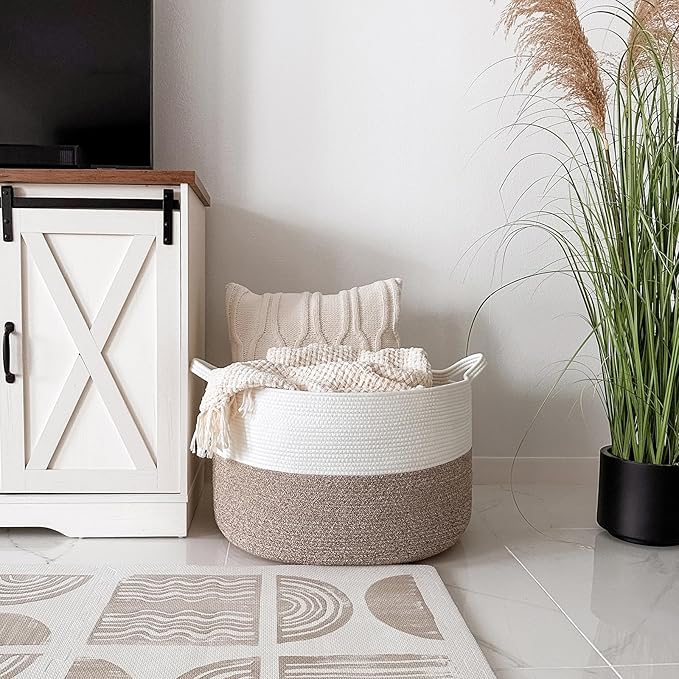 INDRESSME XXXLarge Blanket Basket for Living Room 21.7" x 21.7" x 13.8"-Storage Basket with Handle for Organizing Toy Pillows