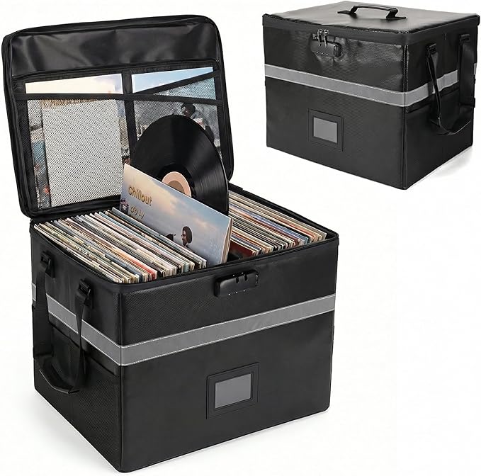 Calenzana Vinyl Record Storage Box with Lock, Fireproof Water Resistant Record Organizer for 150+ Single Records 12-inch, Col