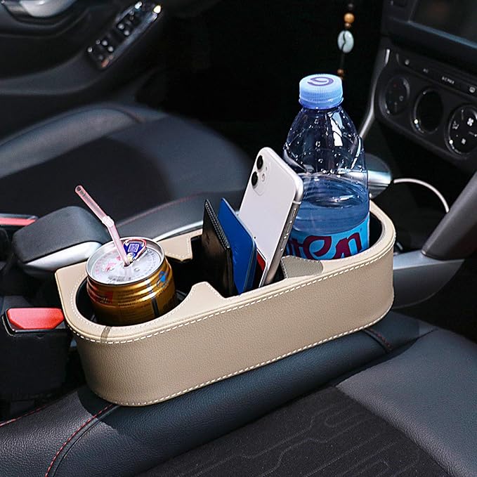 Car Seat Organizer Cup Drink Holders Multi Functional Gap Filler Storage Box Insert Organization Helps Reduce Distracted Driving&Holds Phone Mount Mug Bottle Cellphone (PUBD-Beige)