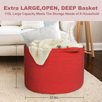 MEGASKET 115L Extra Large Red Basket for Organizing, 23.6"x15.7" Jumbo Woven Cotton Rope Bins for Blankets, Baby Nursery Laun