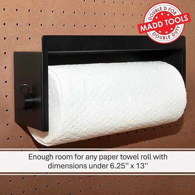 Pegboard Paper Towel Holder with Shelf, MADD Tools Black Pegboard Accessories Tool Holder Organizer, Peg Board Accessory Kit 