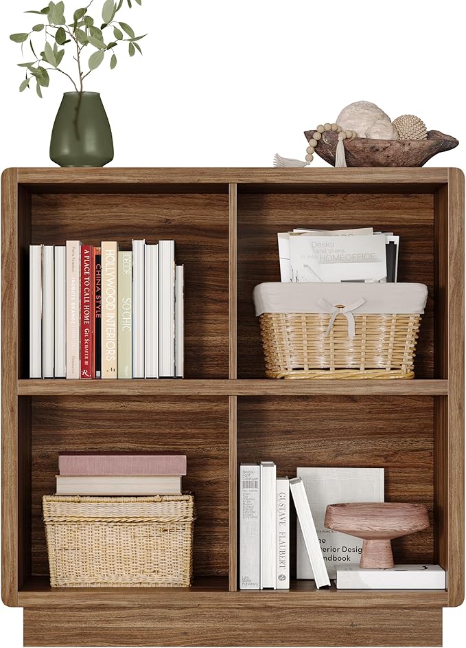 ChooChoo 4 Cube Storage Organizer, Wooden Bookcase with Storage, Cube Storage Bookshelf for Bedroom and Home Office, Brown Wa