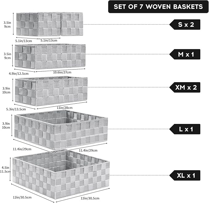 Posprica Small Baskets for Organizing(7 Set) Woven Storage for Shelves, Bathroom, Decorative Closet Organizer, Dresser Bins, 