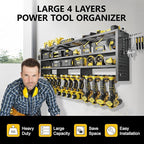 49" W Large Power Tool Organizer Wall Mount, 4 Layer Heavy Duty Metal Tool Storage Rack with 12 Drills Holder, Utility Racks 