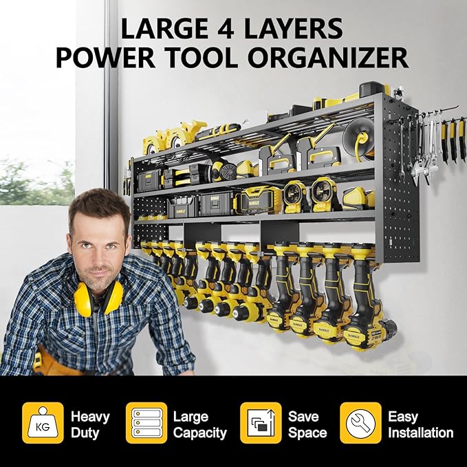 49" W Large Power Tool Organizer Wall Mount, 4 Layer Heavy Duty Metal Tool Storage Rack with 12 Drills Holder, Utility Racks 