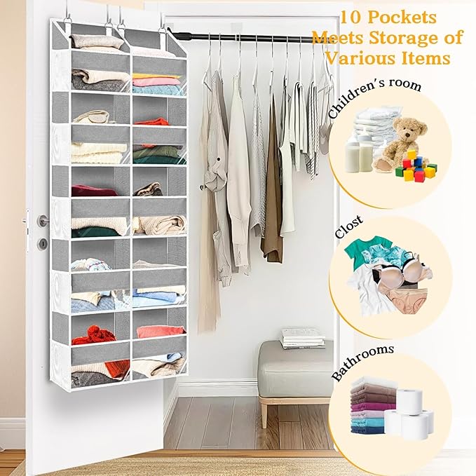 Over The Door Organizer, 5-Tier Extra Large Behind Door Storage with 10 Big Front & 10 Mesh Pockets, 80lb Capacity, Hanging S