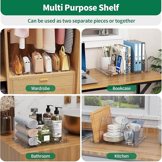 SPACEKEEPER Adjustable Shelf Divider for Closet, 2 Pack Clear Purse Organizers for Closet Acrylic Handbag Separators Storage 