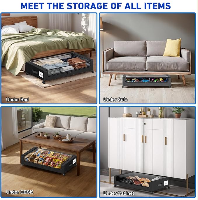 Beborxue Under Bed Storage with Wheels, 4-Pack UnderBed Storage Containers with Clear Lids, XXL 60L Under the Bed Storage Org