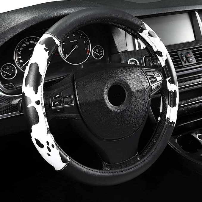 Cow Print Steering Wheel Cover, Universal 15 Inch Cute Steering Wheel Cover for Women, Breathable Anti-Slip Car Steering Whee