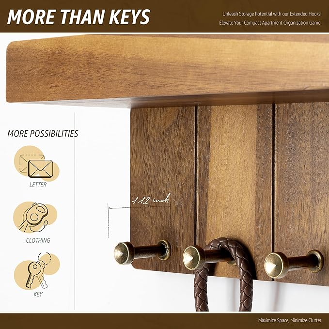 Rebee Vision Farmhouse Key Holder Wall Mount - Small Key Rack & Mail Organizer for Wall with 4 Key Hooks & Small Shelf - Home