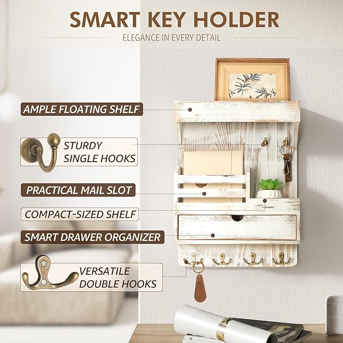Rebee Vision Farmhouse Key Holder Wall Mount with Drawer Organizer – Pine Wooden Mail and Key Organizer for Wall with 6 Rusti