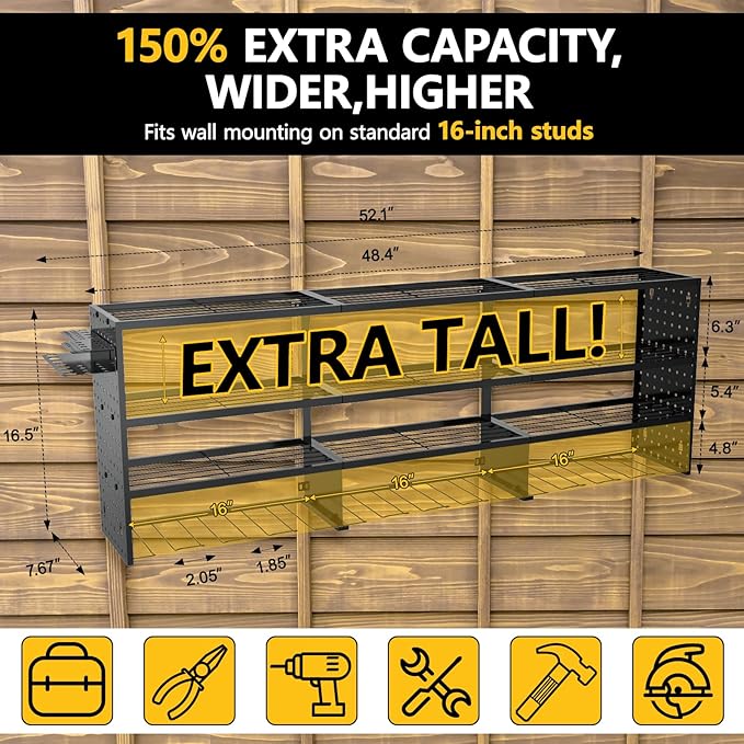 49" W Large Power Tool Organizer Wall Mount, 4 Layer Heavy Duty Metal Tool Storage Rack with 12 Drills Holder, Utility Racks 