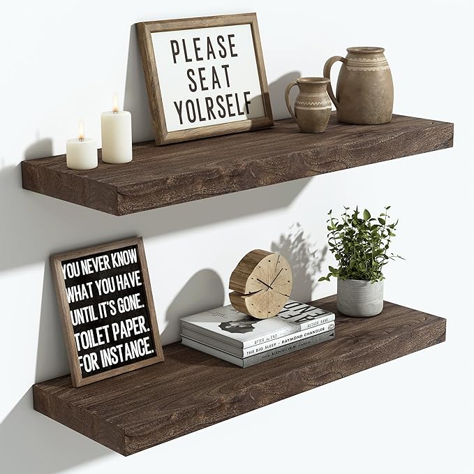 Vivelove Elm Floating Shelves for Wall Solid Wood, 24 Inches Long Rustic Wall Shelf With Invisible Bracket for Living Room Be