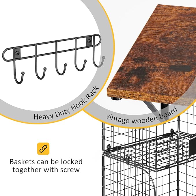 ThreeHio 2 Pack Garage Shelves Wall Mounted with Wire Storage baskets, Heavy Duty Garage Wall Shelving with Hooks, Wooden flo