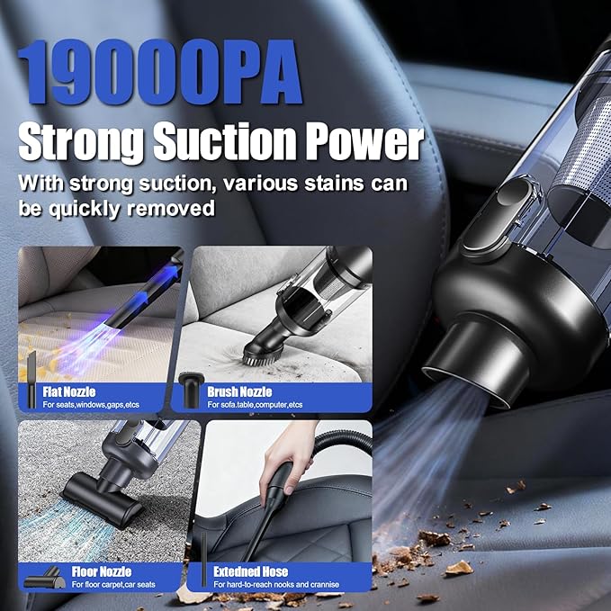 Car Vacuum Portable Cordless-19000 Pa 4 in 1 Handheld Vacuum Cordless Brushless Motor with LED Light and Multi-Nozzles, One-T