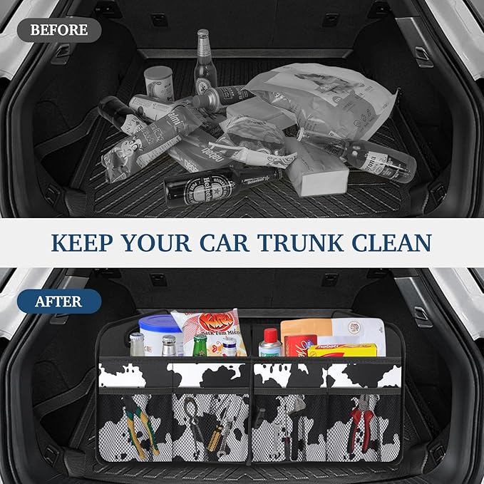 Femuar Car Trunk Organizer, Cow Print, Vintage Style, 52L Capacity, 4 Compartments, Waterproof, Non-Slip, Collapsible, 22.5D x