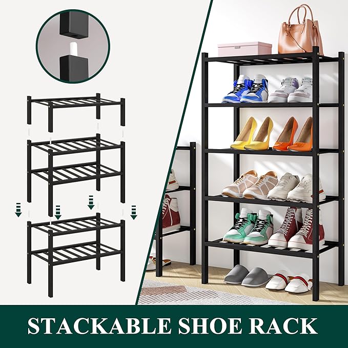 Smiry Shoe Rack, 4 Tier Small Bamboo Shoe Organizer, Stackable Free Standing Wooden Shoe Storage Shelf for Closet, Entryway, 