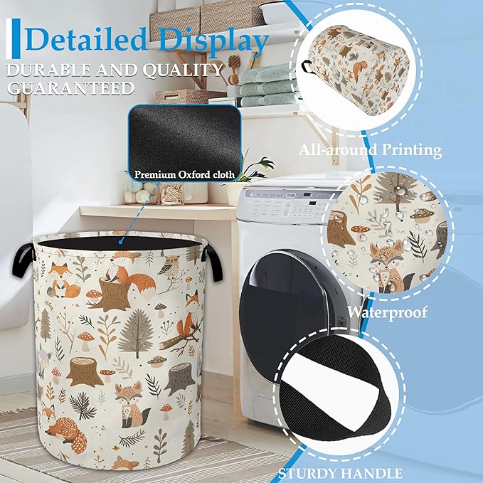 Woodland Fox Laundry Basket Collapsible Laundry Hamper, Oxford Cloth Storage Bin for Room/Bathroom/Bedroom/Dormitories 16" X 