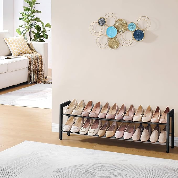 FAVOOSTY 2-Tier Expandable Shoe Rack, Adjustable Shoe Shelf Storage Organizer Space Saving Metal Free Standing Shoe Rack for 