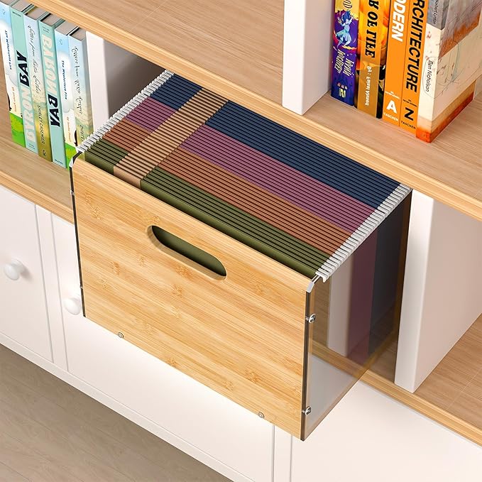 Sbanmao Letter/Legal Bamboo Acrylic File Box Organizer, Hanging File Folder Storage Boxes, Decorative Document Crate Transpar
