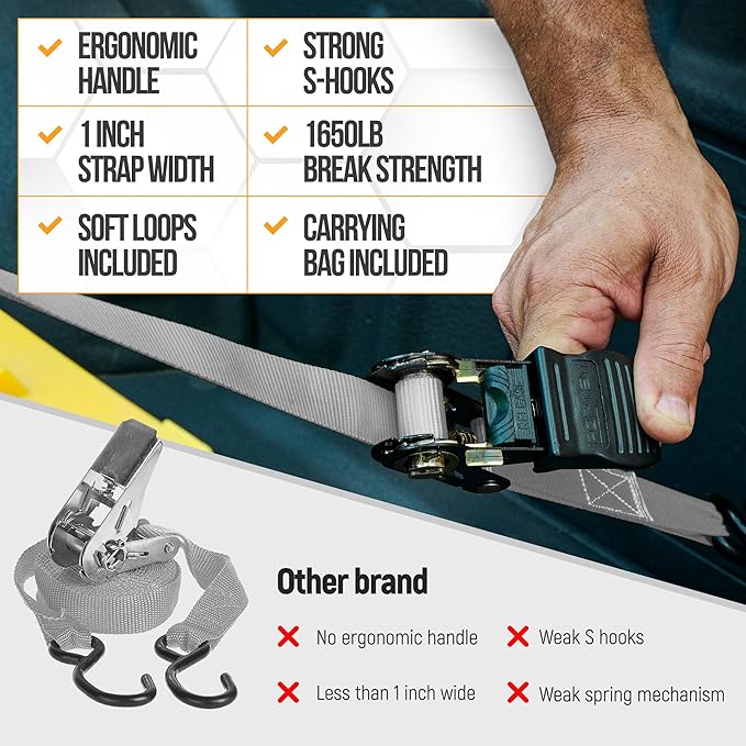 FORTEM Ratchet Straps, Tie Down Strap Set 1650lb Break Strength, 4 Pack 15ft x 1in, 4 Soft Loops, Moving Straps Tie Downs, Cargo Cam Buckles for Trucks, Carry Bag, for Men
