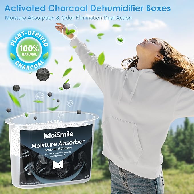 Moisture Absorbers, Efficient Activated Charcoal Humidity Absorber & Odor Absorber Boxes, Refillable Car Dehumidifier for