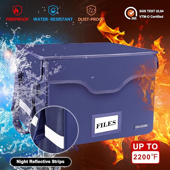 DocSafe Fireproof Document Box with Lock, File Storage Organizer with Mesh Pockets, Collapsible Portable File Box Home Office