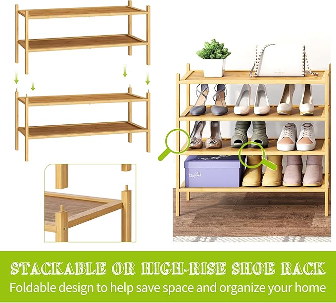 BMOSU 2-Tier Bamboo Shoe Rack Premium Stackable Shoe Shelf Storage Organizer for Hallway Closet Living Room Entryway Organize