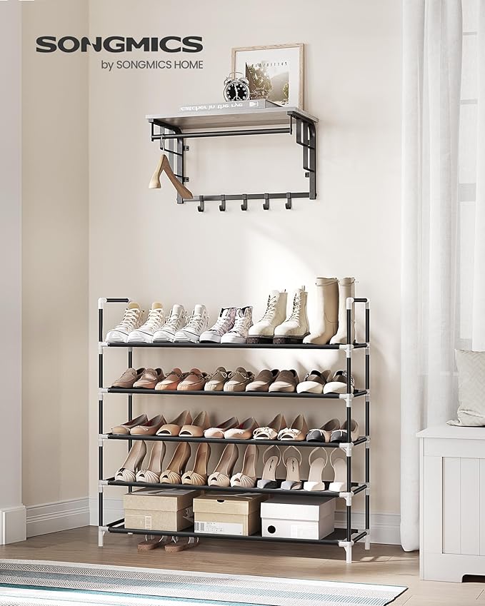 SONGMICS 5-Tier Shoe Rack, Shoe Storage for Hallway Closet, Slim and Space-Saving, Metal Frame, Non-Woven Fabric Shelves, Bla