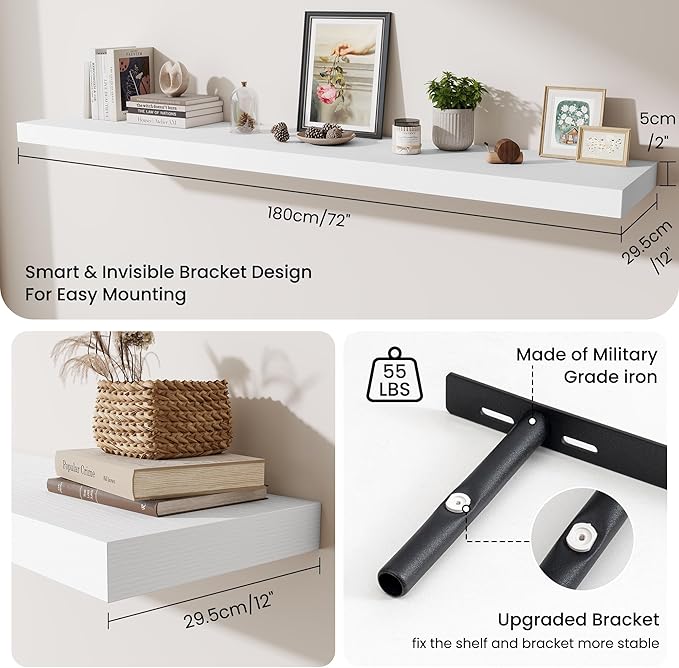 Fun Memories 72 Inch Fireplace Mantel Shelf, 12 Inch Deep Shelves for Display & Wall Storage, Rustic Wood Wall Shelf, Extra L