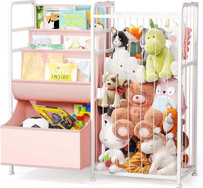 BBLIKE Kids Bookshelf and Stuffed Animal Storage - Multi-Function Nursery Book Shelves with Toy Box and PVC Book Display, Toy