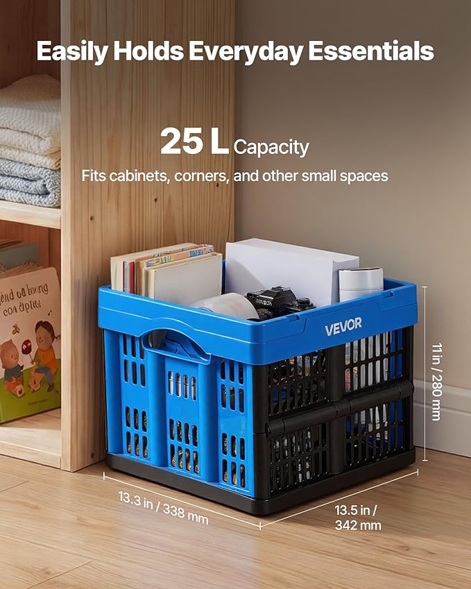 VEVOR Plastic Collapsible Storage Bins, 25L 3 Packs, Stackable Folding Storage Crates with Handles, Holds 22 lbs Per Bin, Fol