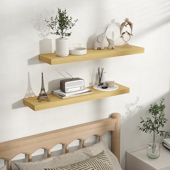 Fun Memories Rustic Wood Floating Shelves for Wall, Space-Saving Wall Mounted Shelves for Bathroom, Bedroom, Living Room and 