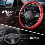 Car Steering Wheel Cover Carbon Fiber Snap On Steering Wheel Accessories Wrap 14.5-15 inch Universal Grip Anti-Skid Protector, Matte Red