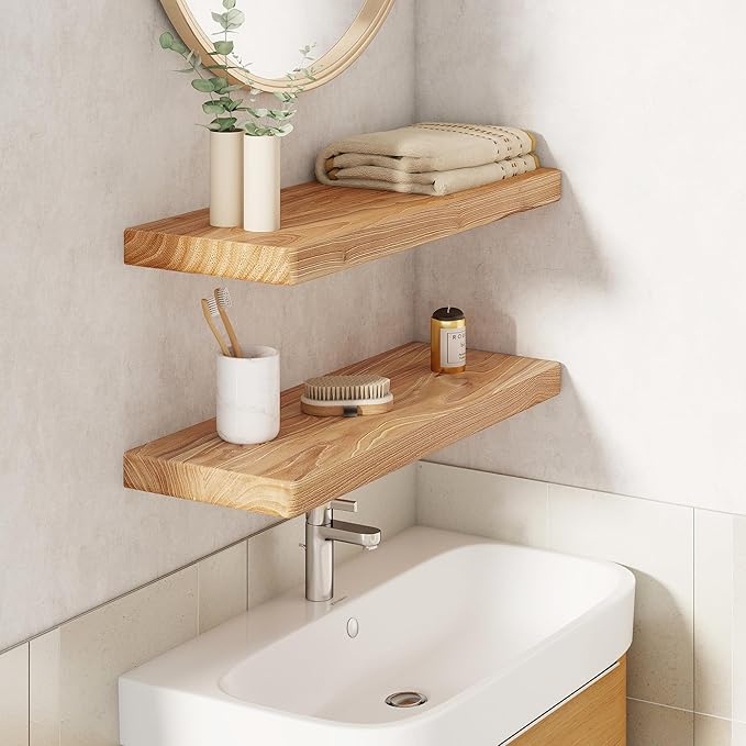 24" Rustic Elm Wood Floating Shelves, 8 Inch Deep Wall Shelves for Home Decor, Wall Mounted Floating Shelf with Invisible Bra