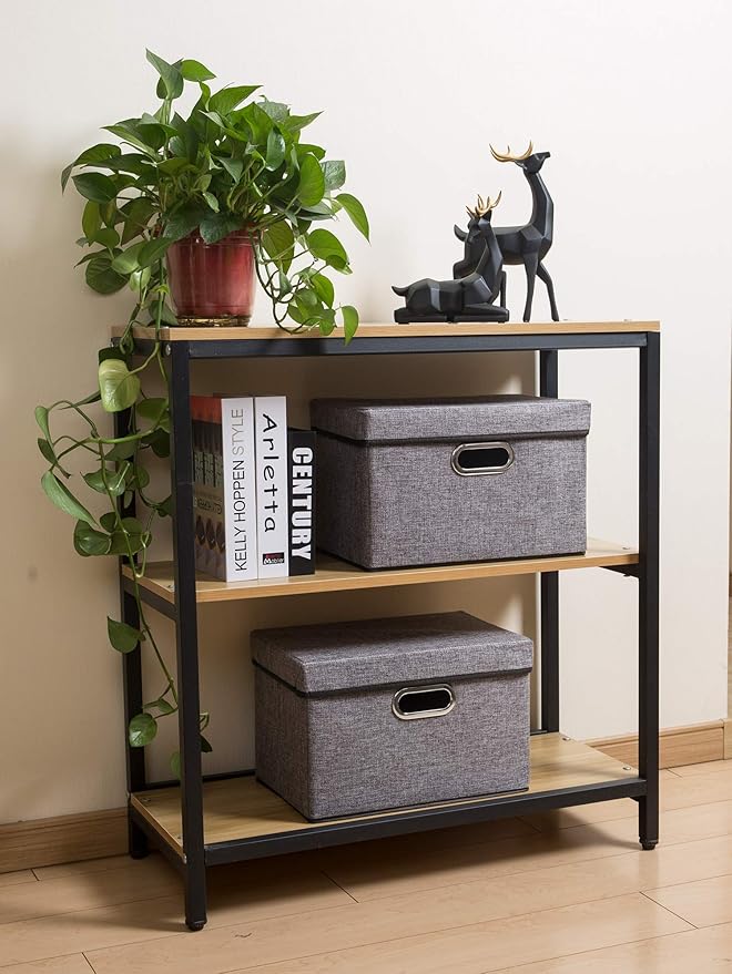 PRANDOM Foldable Storage Boxes with Lids [3-Pack] Linen Fabric Collapsible Storage Bins Organizer Containers Baskets Cube wit