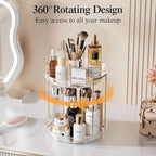 Delamu Rotating Makeup Organizer for Vanity, 2 Tier Skincare Organizer for Bathroom Counter, Spinning Perfume Organizer Cosme