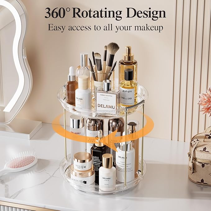 Delamu Rotating Makeup Organizer for Vanity, 2 Tier Skincare Organizer for Bathroom Counter, Spinning Perfume Organizer Cosme