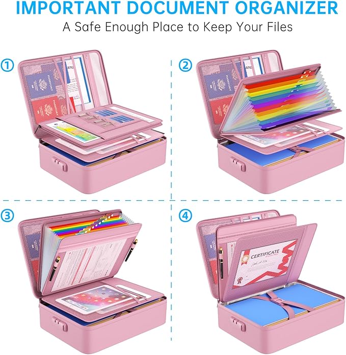 ENGPOW Fireproof File Organizer Bag with 13 Colorful Pockets Accordion File Folder,5200℉ Document Organizer Box with Lock&Lab